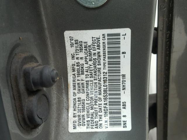 1HGFA16538L018312 - 2008 HONDA CIVIC LX GRAY photo 10