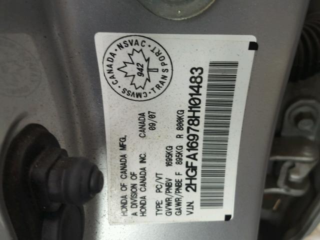 2HGFA16978H101483 - 2008 HONDA CIVIC EXL SILVER photo 10