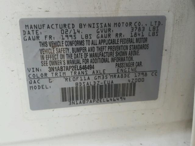 3N1AB7AP2EL646494 - 2014 NISSAN SENTRA S WHITE photo 10