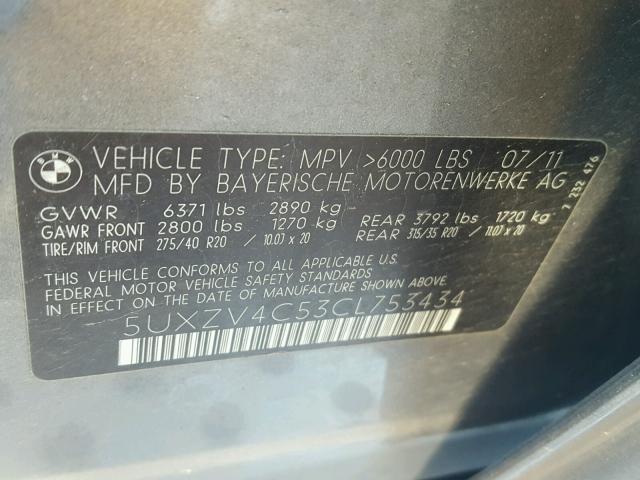 5UXZV4C53CL753434 - 2012 BMW X5 XDRIVE3 Сұр фото 10