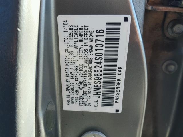 JHMES96624S010716 - 2004 HONDA CIVIC HYBR GRAY photo 10