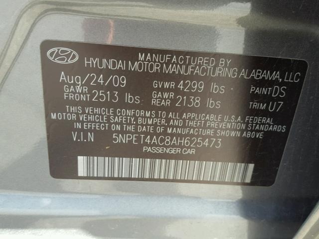 5NPET4AC8AH625473 - 2010 HYUNDAI SONATA GLS GRAY photo 10