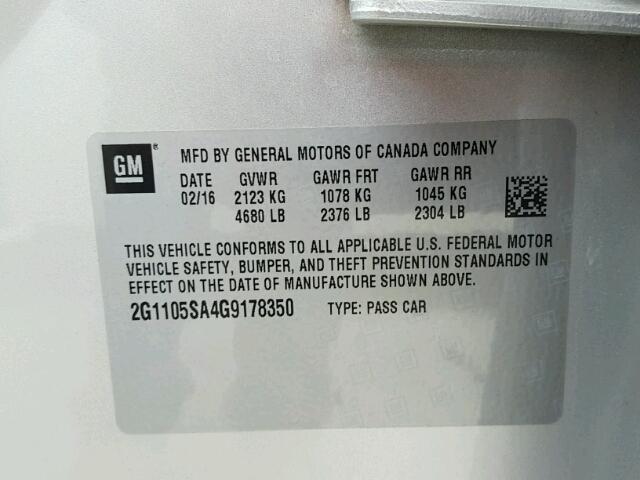 2G1105SA4G9178350 - 2016 CHEVROLET IMPALA LT SILVER photo 10