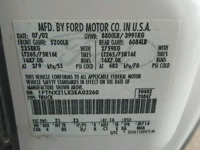 1FTNX21LX3EA03260 - 2003 FORD F250 SUPER WHITE photo 10