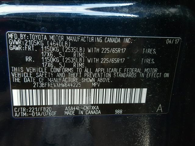 2T3BFREVXHW644225 - 2017 TOYOTA RAV4 LE Mavi foto 10