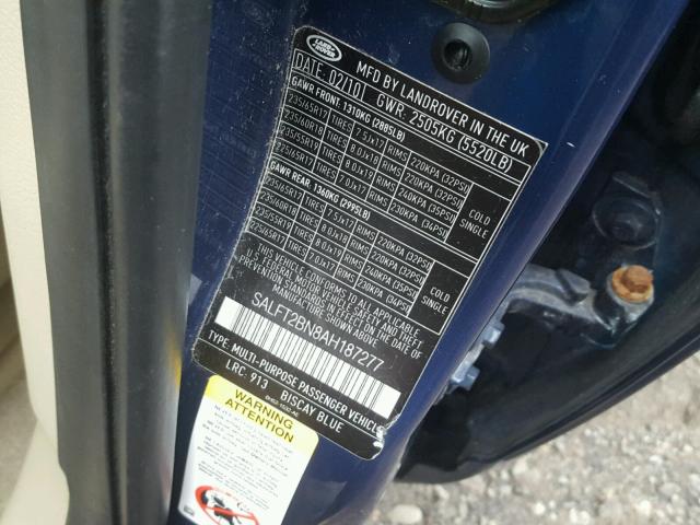 SALFT2BN8AH187277 - 2010 LAND ROVER LR2 HSE TE BLUE photo 10