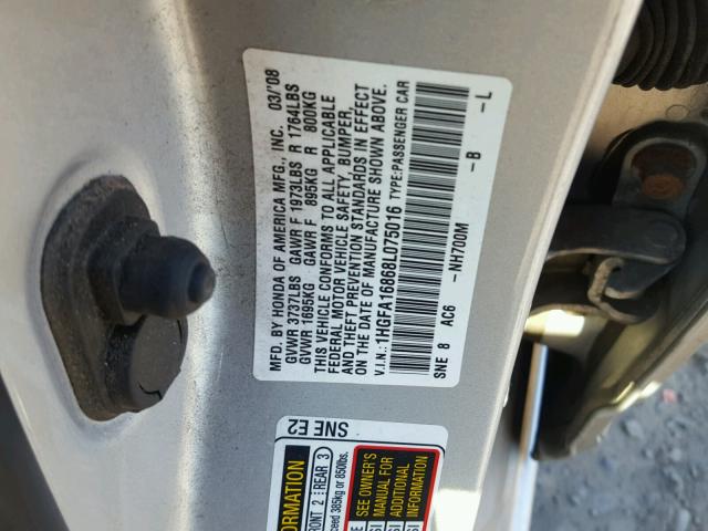 1HGFA16868L075016 - 2008 HONDA CIVIC EX ნაცრისფერი ფოტო 10