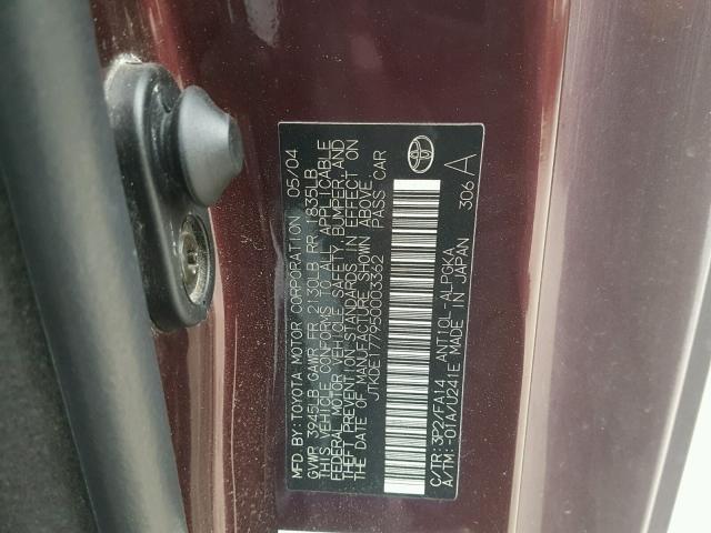 JTKDE177950003362 - 2005 TOYOTA SCION TC 栗色 照片 10