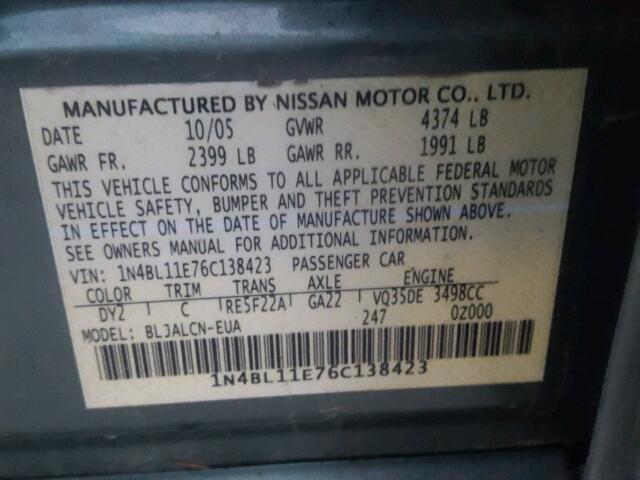 1N4BL11E76C138423 - 2006 NISSAN ALTIMA SE GREEN photo 10