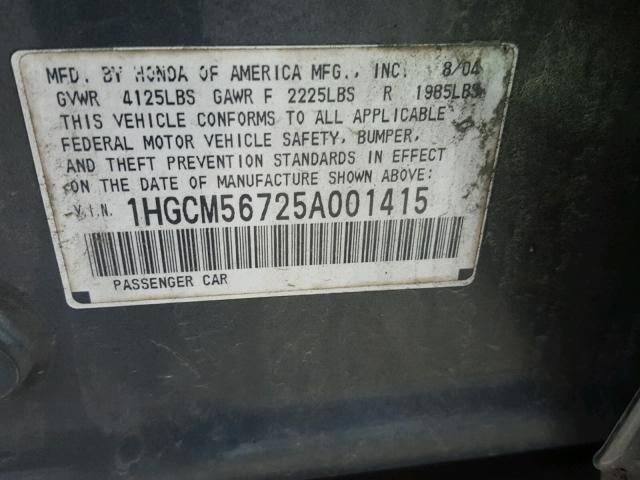 1HGCM56725A001415 - 2005 HONDA ACCORD EX GREEN photo 10