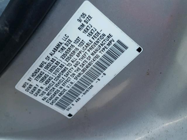 5FNRL38246B014760 - 2006 HONDA ODYSSEY LX SILVER photo 10