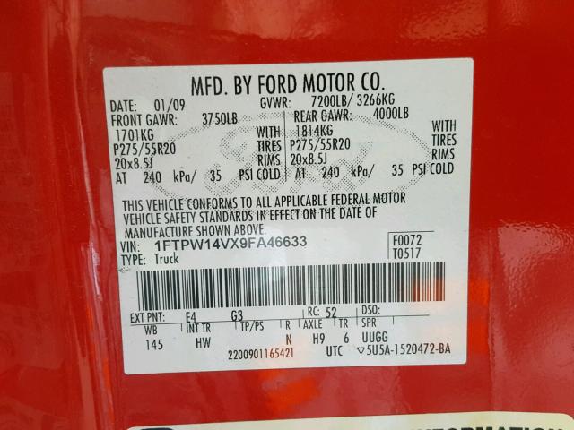 1FTPW14VX9FA46633 - 2009 FORD F150 SUPER RED photo 10