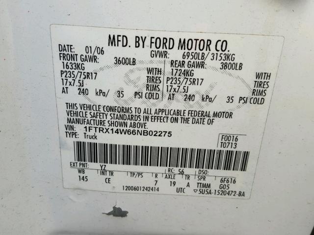 1FTRX14W66NB02275 - 2006 FORD F150 WHITE photo 10