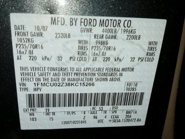 1FMCU02Z38KC15266 - 2008 FORD ESCAPE XLS SILVER photo 10