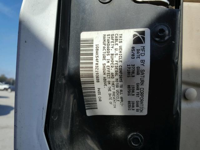 1G8AK54F03Z193688 - 2003 SATURN ION LEVEL WHITE photo 10