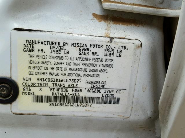 3N1CB51D12L675077 - 2002 NISSAN SENTRA XE WHITE photo 10