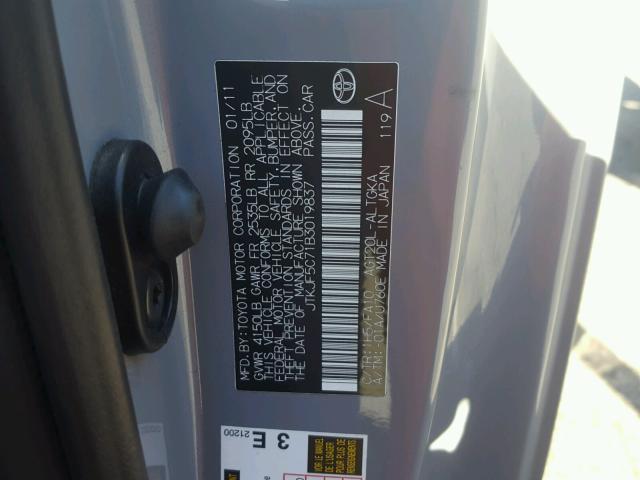 JTKJF5C71B3019837 - 2011 TOYOTA SCION TC 灰色 照片 10