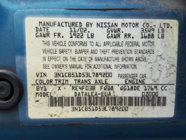 3N1CB51D53L789200 - 2003 NISSAN SENTRA XE BLUE photo 10