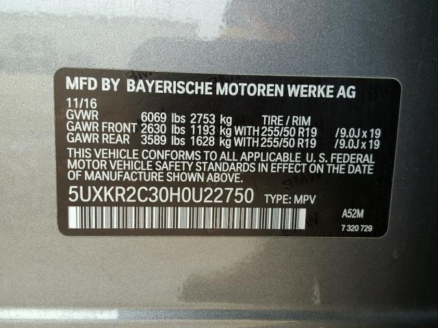 5UXKR2C30H0U22750 - 2017 BMW X5 SDRIVE3 CHARCOAL photo 10