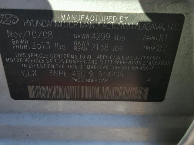 5NPET46C19H544206 - 2009 HYUNDAI SONATA GLS SILVER photo 10