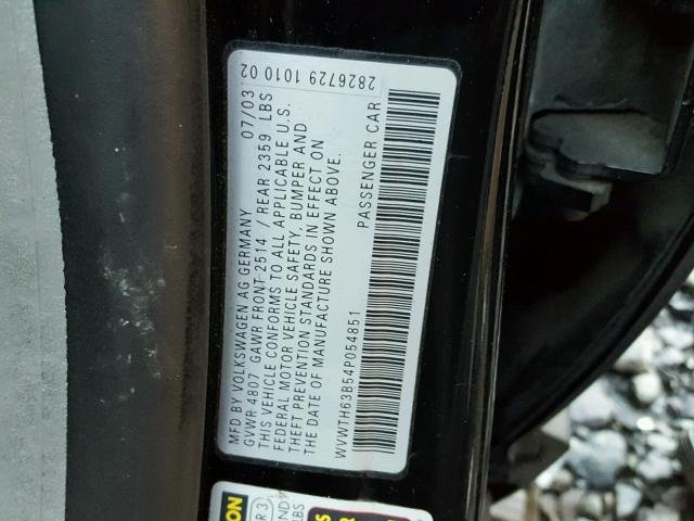 WVWTH63B54P054851 - 2004 VOLKSWAGEN PASSAT GLX BLACK photo 10