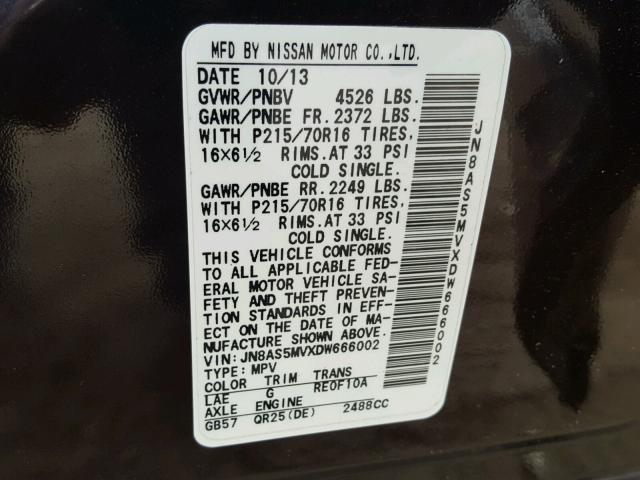 JN8AS5MVXDW666002 - 2013 NISSAN ROGUE S BLACK photo 10