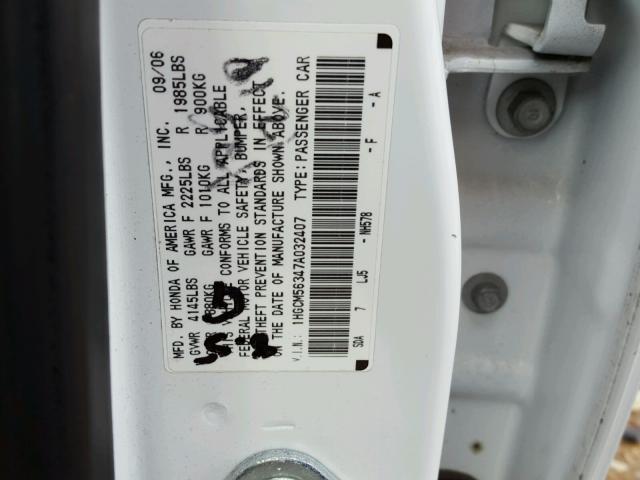 1HGCM56347A032407 - 2007 HONDA ACCORD SE WHITE photo 10