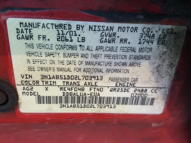 3N1AB51D02L703913 - 2002 NISSAN SENTRA SE- RED photo 10