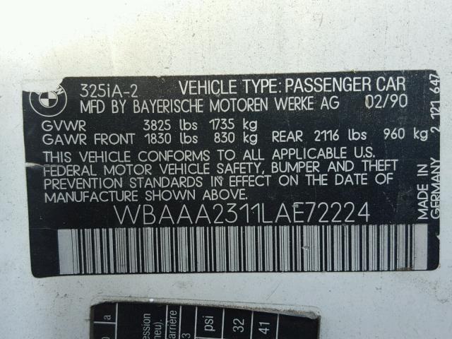 WBAAA2311LAE72224 - 1990 BMW 325 I AUTO WHITE photo 10