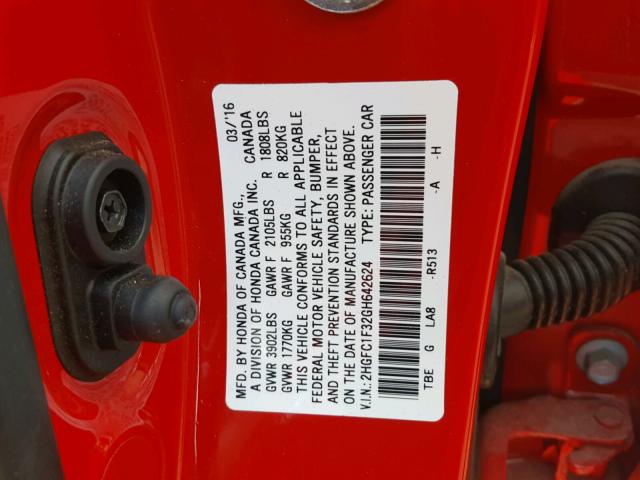 2HGFC1F32GH642624 - 2016 HONDA CIVIC EX RED photo 10