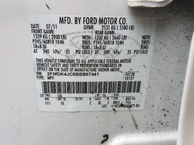 2FMDK4JC6BBB67441 - 2011 FORD EDGE SEL WHITE photo 10