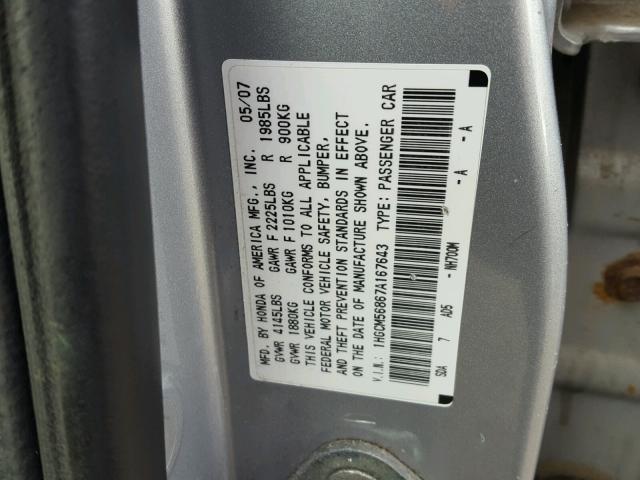 1HGCM56867A167643 - 2007 HONDA ACCORD EX SILVER photo 10