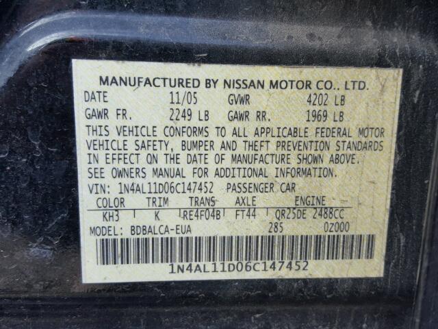 1N4AL11D06C147452 - 2006 NISSAN ALTIMA S BLACK photo 10