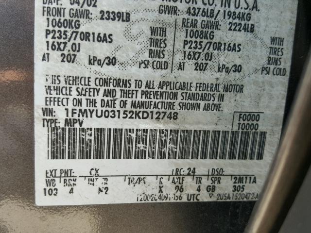 1FMYU03152KD12748 - 2002 FORD ESCAPE XLT GRAY photo 10