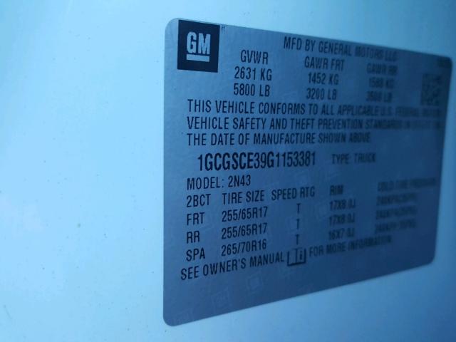 1GCGSCE39G1153381 - 2016 CHEVROLET COLORADO L WHITE photo 10