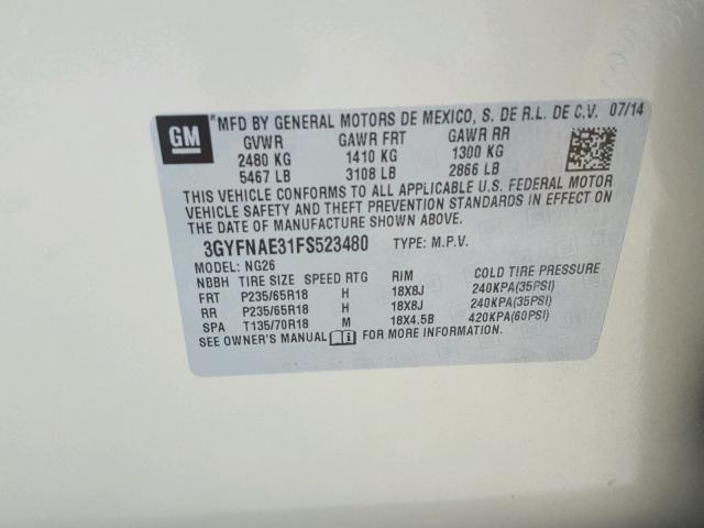 3GYFNAE31FS523480 - 2015 CADILLAC SRX GOLD photo 10