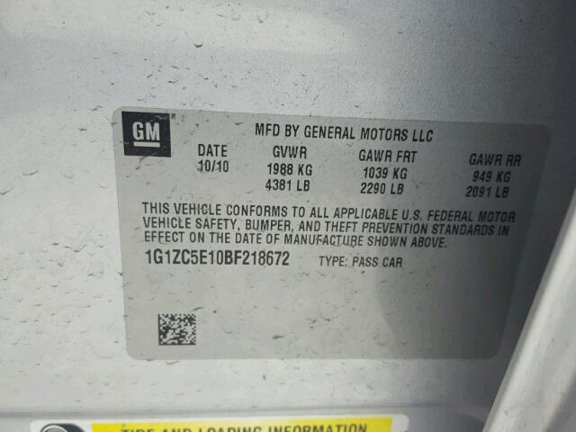 1G1ZC5E10BF218672 - 2011 CHEVROLET MALIBU 1LT 银色 照片 10