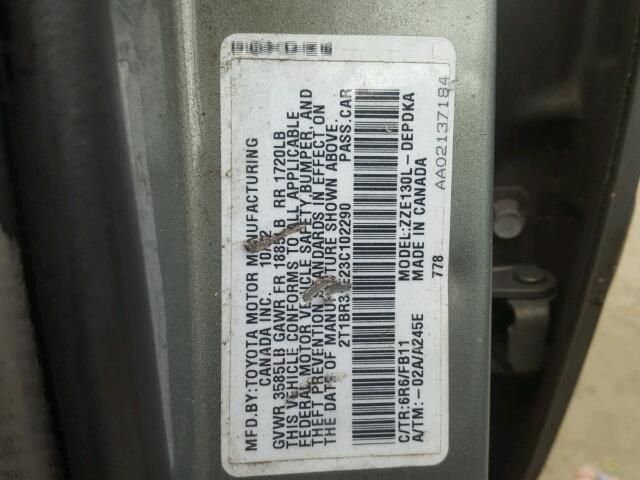 2T1BR32E23C102290 - 2003 TOYOTA COROLLA GRAY photo 10