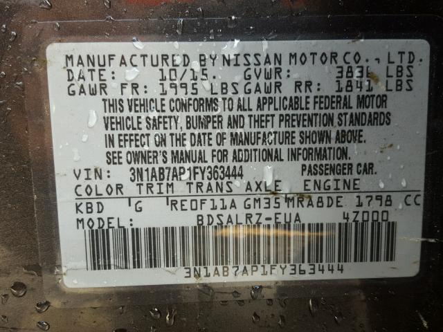 3N1AB7AP1FY363444 - 2015 NISSAN SENTRA S CHARCOAL photo 10