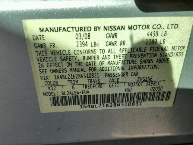 1N4BL21E28N510831 - 2008 NISSAN ALTIMA 3.5 SILVER photo 10