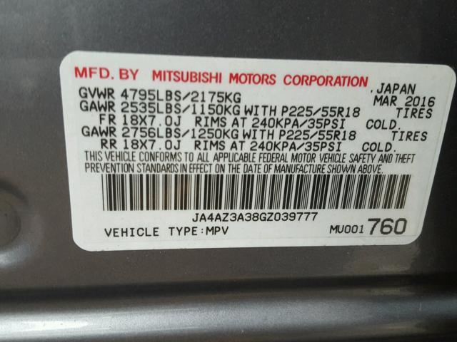 JA4AZ3A38GZ039777 - 2016 MITSUBISHI OUTLANDER CHARCOAL photo 10