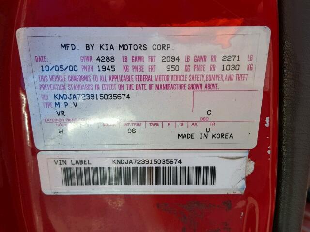 KNDJA723915035674 - 2001 KIA SPORTAGE RED photo 10