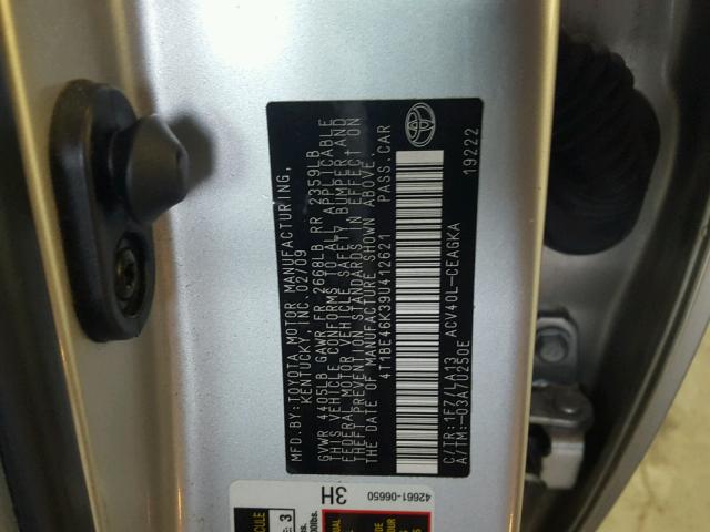 4T1BE46K39U412621 - 2009 TOYOTA CAMRY BASE SILVER photo 10