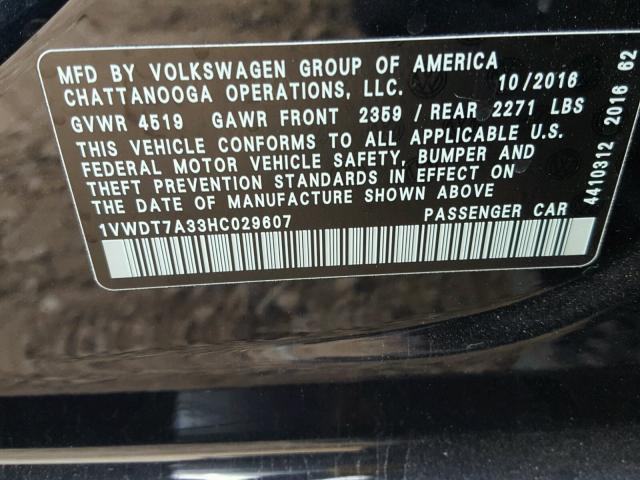 1VWDT7A33HC029607 - 2017 VOLKSWAGEN PASSAT R-L BLACK photo 10