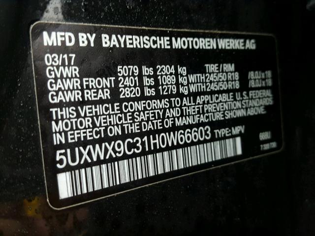 5UXWX9C31H0W66603 - 2017 BMW X3 XDRIVE2 BLACK photo 10