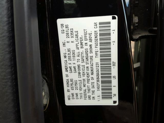 1HGCP36848A041231 - 2008 HONDA ACCORD EXL BLACK photo 10