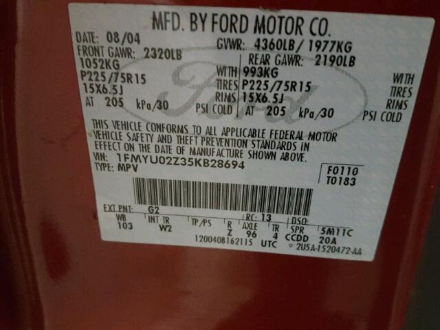 1FMYU02Z35KB28694 - 2005 FORD ESCAPE XLS RED photo 10