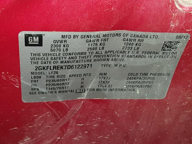 2GKFLREK7D6122971 - 2013 GMC TERRAIN SL RED photo 10