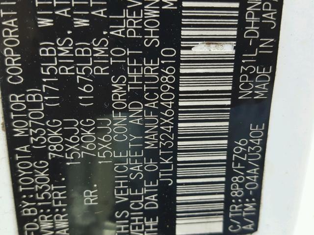 JTLKT324X64098610 - 2006 TOYOTA SCION XB 白色 照片 10