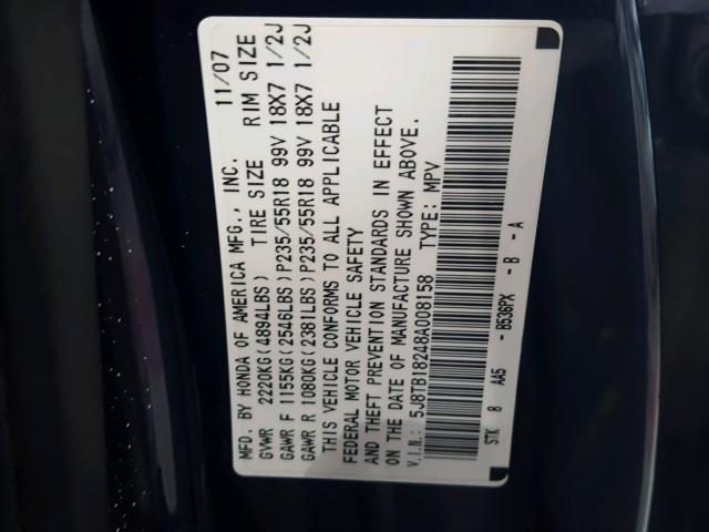 5J8TB18248A008158 - 2008 ACURA RDX BLUE photo 10